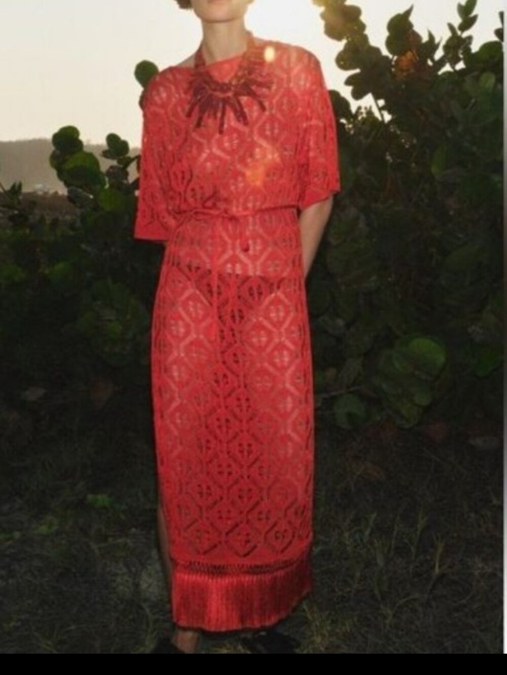NWOT Zara Crochet Knit Fringe Midi Swim Cover Dress Tomato M Free People insp.